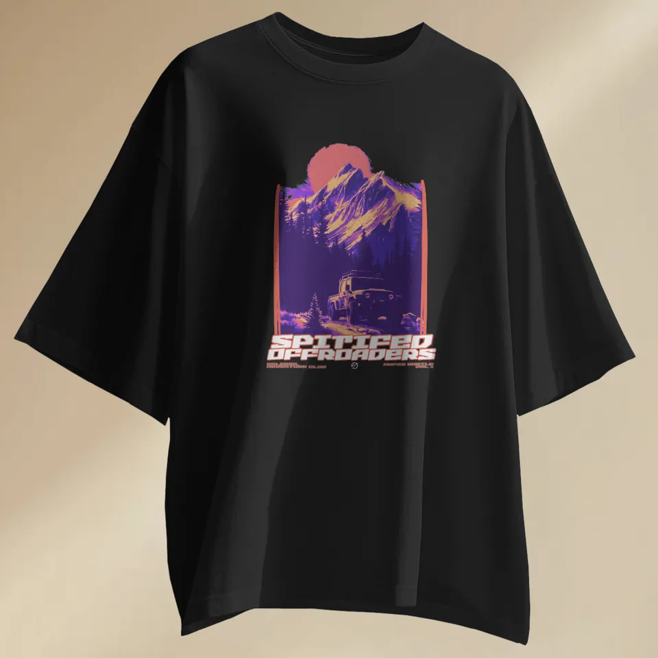 Black oversized t-shirt with the Spitified mountain print, laid flat