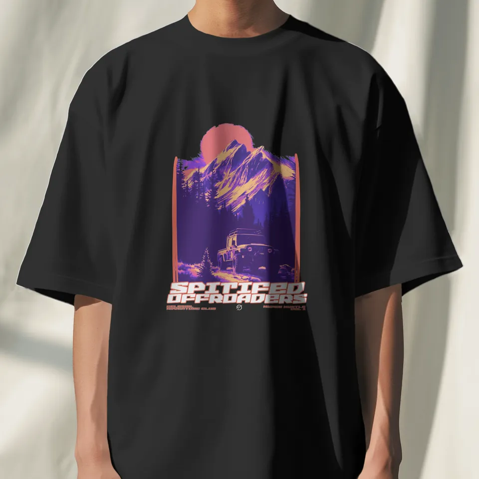 Model wearing the black Spitified oversized t-shirt, front view